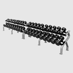 TROY_COMMPAC-TSDR100_5-100lb_Rubber_Encased_12-Sided_Dumbbell_Set_with_Saddle_Racks_on_a_white_background