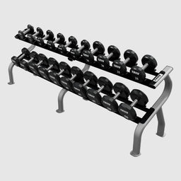 TROY_COMMPAC-TSDU50_5-50_lb_12-Sided_Urethane_Dumbbell_Set_with_Rack_on_a_white_background
