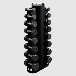 Troy_12-Sided_Rubber_Dumbbells_Set_with_Vertical_Rack_-_VERTPAC-TSDR25_on_a_white_background