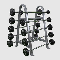 Troy_12-Sided_Urethane_20-110_lb_Straight_Barbell_Set_with_Rack_Angled_View