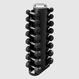 VTX_8-Pair_Rubber_Dumbbell_Set_with_Rack_-_VERTPAC-SDR25_on_a_white_background