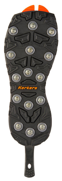 This is the outsole of a rugged outdoor boot/shoe designed for traction, featuring carbide spike soles. The visible model styling reads as unisex outdoor footwear with a heavy-duty black rubber sole and bright orange accents and branding. Notable attributes include the carbide studs arranged for maximum grip and a deep lug tread pattern to enhance stability on uneven or slick surfaces.