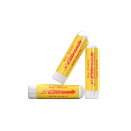 Three yellow nasal inhalers with white caps and red lettering arranged on a white surface.