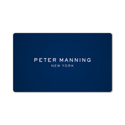 Blue rectangular digital gift card with Peter Manning New York branding on a solid light background