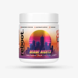 White plastic jar with a colorful label showing a Miami skyline and gradient pink-purple orange colors against a white background.