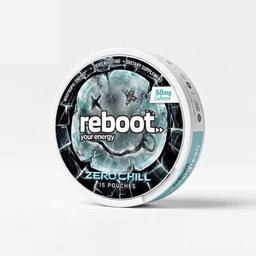 - A round metal tin containing energy pouches, with a graphic icy design on the lid and a light blue/black color scheme. The label shows “50mg caffeine” and notes “15 pouches,” with additional small text indicating zero nicotine and dietary supplement. 
- Appears designed for adults with unisex appeal; compact, portable packaging suitable for on-the-go use. Notable attributes: soft plastic-sealed pouches inside, cool-toned artwork, and a white outer lid with a turquoise accent.
