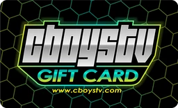 Digital graphic of a CboysTV gift card with a black hex-pattern background and neon green and blue text.