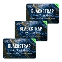A plastic gift card featuring a dark blue ocean-wave background with bold white text that reads “BLACKSTRAP” and “GIFT CARD.” The design includes a small lime green corner tag and repeats across multiple cards, suggesting a multi-pack. Audience appears unisex, and the style is modern and athletic-inspired, with a clean sans-serif layout.