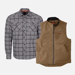 BRUNT comfortable stretch work flannel in grey plaid and BRUNT quilted stretch canvas work vest in brown
