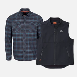 BRUNT comfortable stretch work flannel in blue plaid and BRUNT quilted water-resistant work vest in black