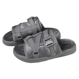 These are dark grey, open-toe slide sandals with multiple adjustable straps and a chunky rubber sole. The styling and sizing suggest a unisex casual sandal, with woven fabric straps, a cushioned footbed, and a sturdy, textured outsole for everyday wear.