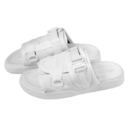 These are white open-toe slide sandals with multiple fabric straps across the foot and an adjustable buckle/strap detail for a secure fit. The sole appears cushioned with a slightly contoured footbed, giving a casual, sporty look suitable for both men and women (unisex). Visible materials are white fabric straps and a matching white sole, with a clean, monochrome aesthetic.
