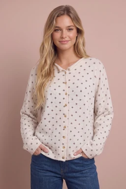 Ashley Polka Dot Knit Cardigan in cream with taupe dots, front view.