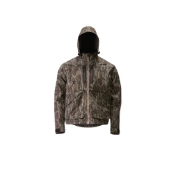 A youth-sized camouflage hydro-lok shell jacket with an attached hood and full front zipper. The styling reads outdoor, rugged youth wear, likely for boys, with a brown camouflage pattern and dark-trim cuffs. Visible features include two chest zip pockets, a weather-ready shell look, and a roomy hood for added coverage.