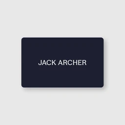 A dark navy rectangular gift card with white text reading 'JACK ARCHER' on a light grey background.