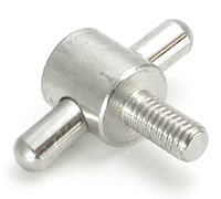 A small polished steel tube vise clamp with a cylindrical body, two parallel pins projecting from one side, and a threaded post extending from the other, shown on a plain white background.