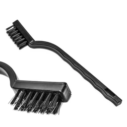Two black nylon bristle cleaning brushes with plastic handles on a white background, one in the foreground and one angled behind it.