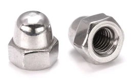 Two polished stainless steel dome-shaped hex cap nuts on a plain white background, one showing its threaded opening.