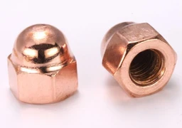 Two copper-coloured hex cap nuts with domed tops and threaded bores, shown on a plain white background.