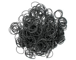 A loose pile of small black rubber bands spread across a plain white background.