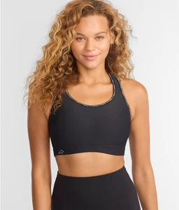 Black seamless racerback sports bra with wide straps worn by a model.
