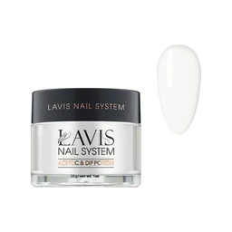 A clear round jar of white nail powder with a black lid labelled Lavis Nail System, beside a swatch of pale white nail shape.