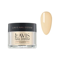 A clear jar with a black lid and white Lavis Nail System label holds pale yellow powder, with a swatch of the same pale yellow shade on a fingernail shape beside it.