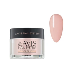 A clear jar of peach-pink acrylic nail powder with a black lid and white Lavis Nail System label, beside a swatch of the same pale pink shade on an oval nail tip, on a white background.