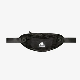 This is a black waist bag (fanny pack) with a curved, compact main pocket and a front zipper pocket. It features a white logo on the front panel and an adjustable strap that can be worn around the waist or across the body, suggesting a unisex style. Visible materials appear to be a shiny synthetic fabric (likely nylon or similar), with a durable, wide strap and a simple, functional design.