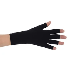 A black, fingerless knit compression glove covering the wrist and palm with exposed fingertips. Appears sized for adults and styled for unisex use, with a snug, seamless knit finish. Notable attributes visible: black color, full-hand coverage from wrist to base of fingers, and a 20–30 mmHg compression level implied by the product name.