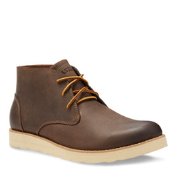 Men's Jack Plain Toe Chukka Boot in Brown, angled side view with yellow laces