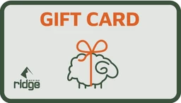 A simple gift-card card featuring a cute, cartoon sheep with a bow. The styling is neutral and unisex, suitable for any recipient. Visible attributes include a light cream/gray card with orange “GIFT CARD” text, an orange bow and sheep outline, and a dark green rounded border; a small green logo and text resembling “ridge” are also visible.