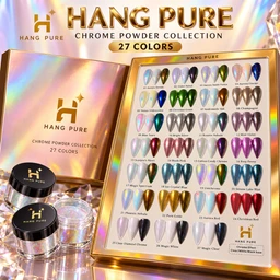 A gold-and-white gift box labeled HANG PURE Chrome Powder Collection 27 Colors displays a grid of stiletto nail swatches in metallic, mirror and multicolour shades, with two open jars of chrome powder with black lids in front.