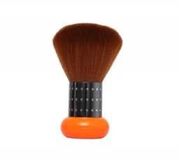 A brown-bristled dusting brush with a black ribbed handle and a bright orange rounded base, photographed against a plain white background.