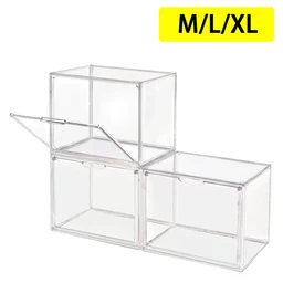 Three clear acrylic stackable boxes with front flip-up magnetic doors, shown in a set against a white background with a yellow M/L/XL size label.