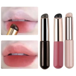 Three slim silicone lip brushes with rounded tips and capped rose-gold metal barrels in black, pink and nude colours, shown beside close-up photos of lips with lipstick applied.