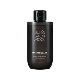 A tall black cylindrical bottle of JUNGSAEMMOOL Masterclass Brush Liquid Cleanser with a black flip-top cap and white logo lettering, shown against a plain white background.