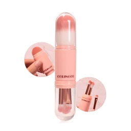 A pink capsule-shaped retractable makeup brush set with a clear case, showing a fluffy pink brush head on top and smaller eyeshadow and detail brushes stored in the transparent lower capsule, on a white background.