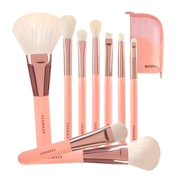 A set of nine peach-pink makeup brushes with rose-gold ferrules and off-white synthetic bristles, fanned out beside a pink zippered pouch on a white background.