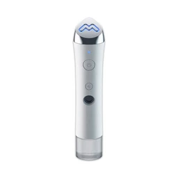 A slim white handheld skincare device with a blue-lit tip, control buttons, and a clear reservoir at the base, shown against a plain white background.