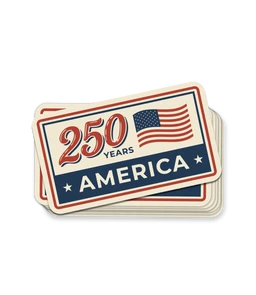 The Alex Jones Store - "250 Years" Limited Edition Decal — Stack of vintage-style '250 Years America' rectangular decals with American flag, red and navy colors, weatherproof