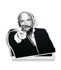 The Alex Jones Store - "Make My Day Globalist" Limited Edition Decal — Black-and-white die-cut decal of Alex Jones pointing a revolver with realalexjones.com text, Make My Day Globalist sticker