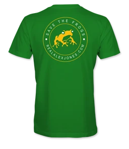 Green short-sleeve T-shirt with a circular yellow-green frog logo on the back, on a plain white background.