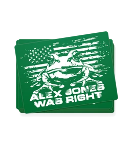 The Alex Jones Store - Green rectangular vinyl decals with white American flag, frog and 'Alex Jones Was Right' grunge text