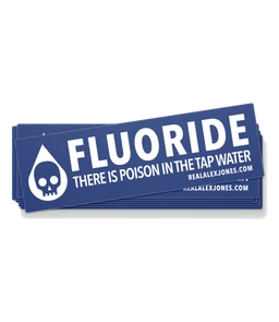 The Alex Jones Store - Blue rectangular bumper sticker reading 'Fluoride: There Is Poison In The Tap Water' with white skull droplet icon