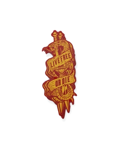 The Alex Jones Store - Red and gold die-cut vinyl decal of dagger piercing snake with 'Live Free Or Die' banner wrapped around blade
