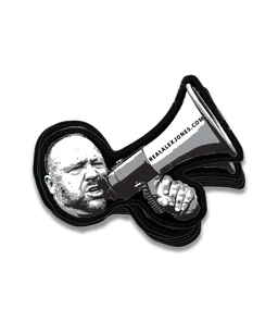 The Alex Jones Store - Alex Jones Megaphone die-cut decal in black and white showing Alex shouting into a realalexjones.com bullhorn