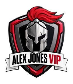 A logo featuring a silver helmeted shield with red plume and the words ALEX JONES VIP across a white ribbon.