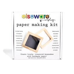 A white product box with colourful Elseware Unplug logo and a Paper Making Kit label, showing two light wood frames with a dark mesh screen in front.