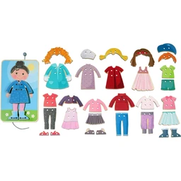 A wooden dress-up threading board shows a girl in a blue coat beside loose wooden tiles of hairstyles, coats, dresses, tops, pants, and shoes in pastel colours on a white background.
